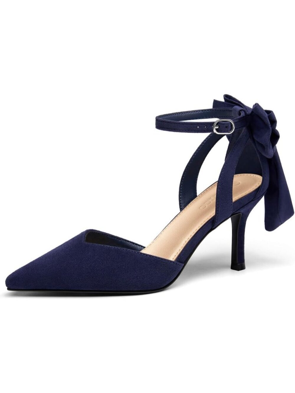 Women's Navy Closed Pointed Toe Pumps Bow Ankle Strap Kitten Wedding Heels Shoes